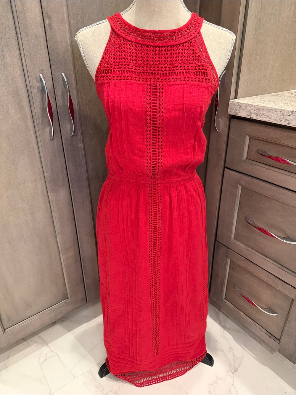 Joie Brand Red Crochet-Detail Halter Maxi Dress